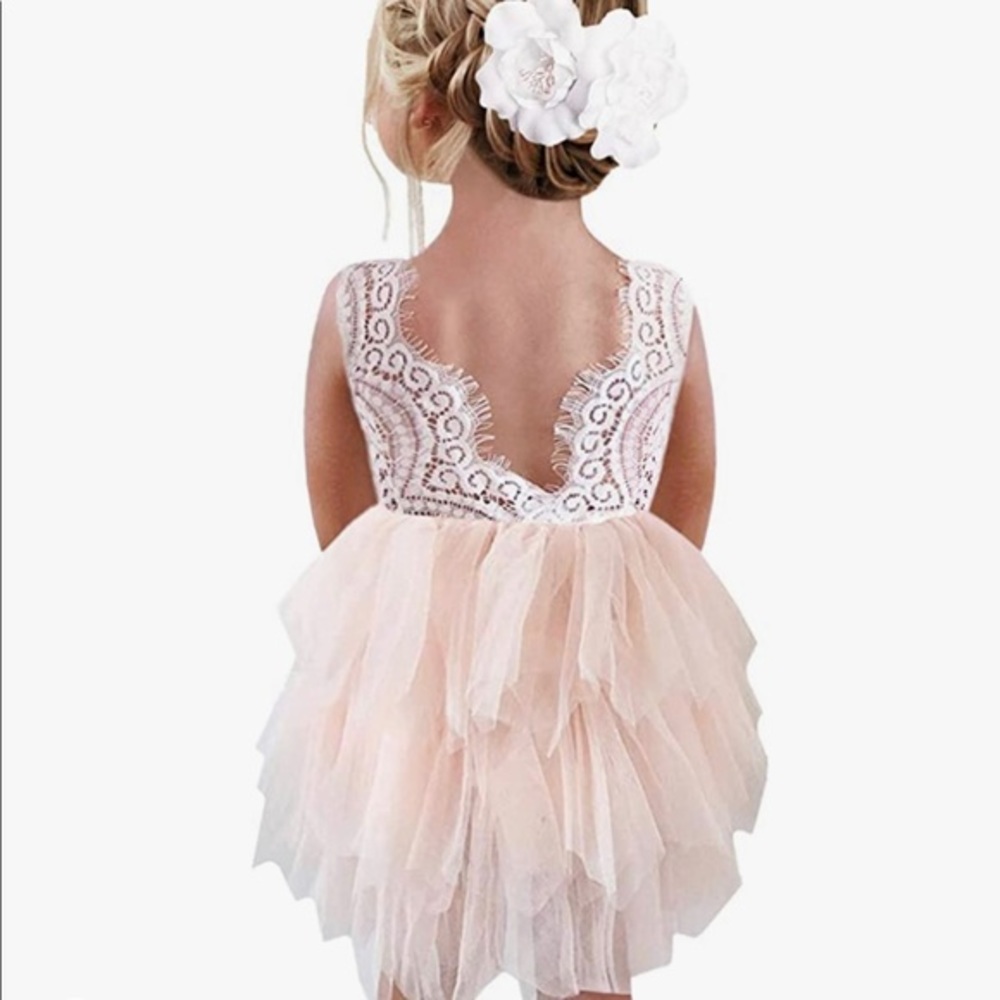 2Bunnies Girl Peony‎ Lace Back A-Line Tiered Tutu Tulle Flower Girl Dress 12M
